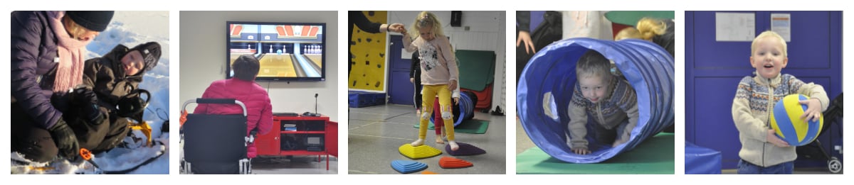 5 ulike bilder med barn og voksen i bevegelse