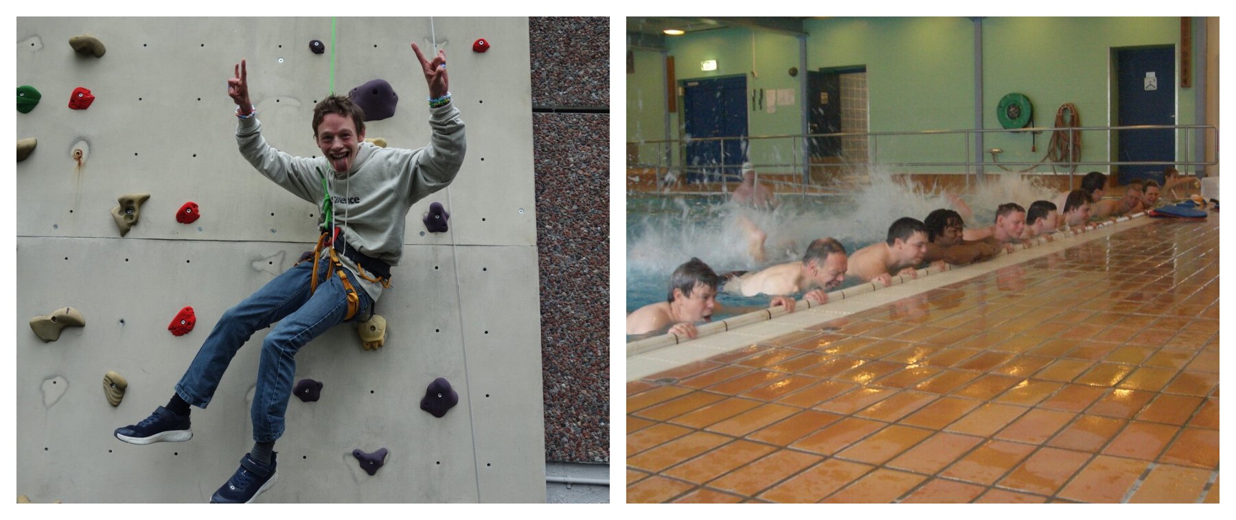 En ung mann med Williams' syndrom henger og smiler i klatreveggen og mange unge holder seg i bassengkanten og sparker med bena