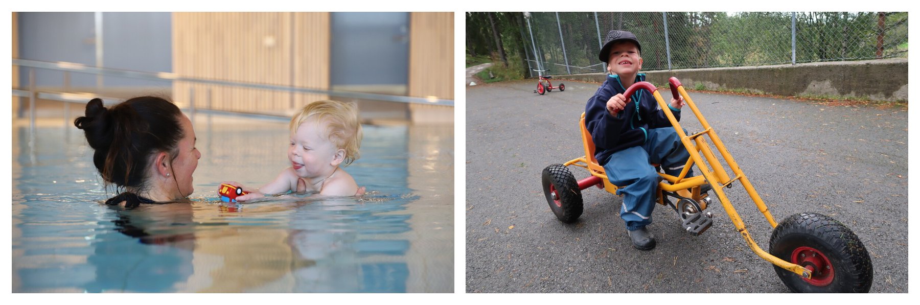 To ulike bilder: 1 barn med Williams' syndrom bader i bassenget med en voksen dame, en gutt med Williams' syndrom sykler på stor 3-hjuls sykkel