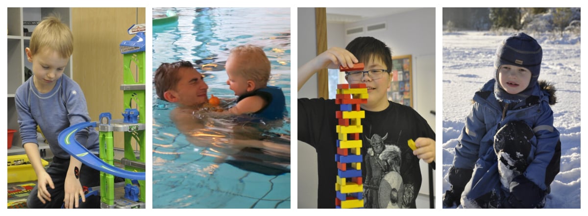 Fire ulike bilder av personer med 22q11.2 dup i ulike aktiviteter