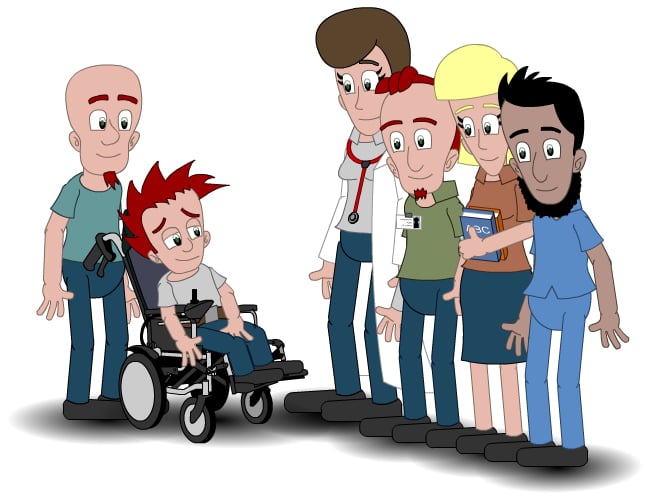 Illustrasjon av en person med diagnose som møter fire ulike fagpersoner