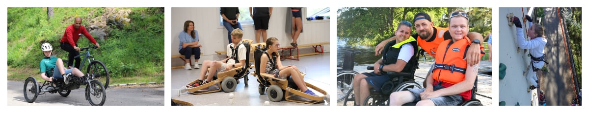 Fire ulike bilder av personer med ataxia telangiectasia (AT) i ulike aktiviteter som sykling, bandy, klare for båttur på brygga og klatring