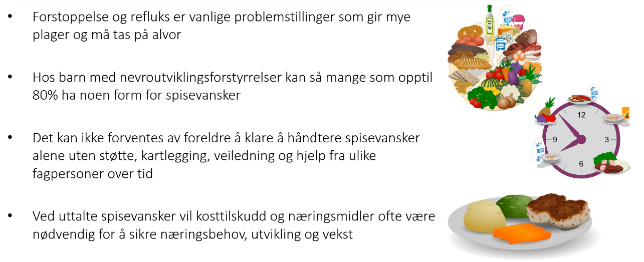 Tekkstplakat som sier at mange barn med sjeldne diagnoser har vansker med spising. Illustrasjon som viser ulike typer mat.