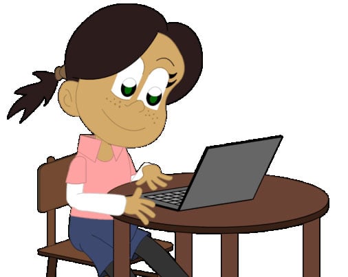 Tegning av en jente som sitter ved et bord og ser inn i en PC-skjerm