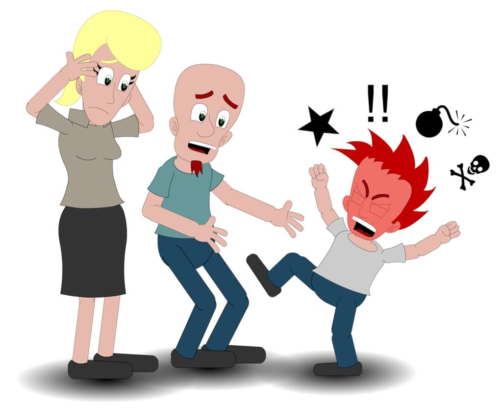 Tegning av et barn som raser, mens to fortvilte voksne står rundt og prøver å roe det ned