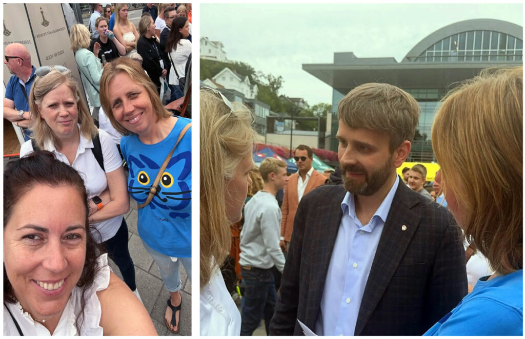 Bilde av Heidi, Elisabeth og Ingunn som snakker med helseminister Vestre på Arendalsuka