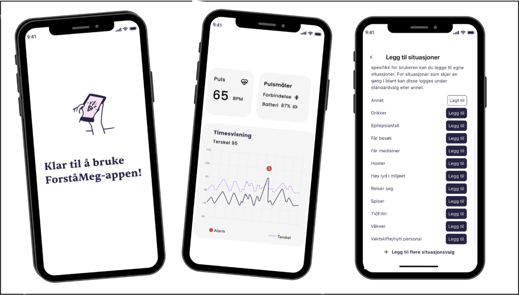 Illustrasjon av tre skjermvisninger i appen