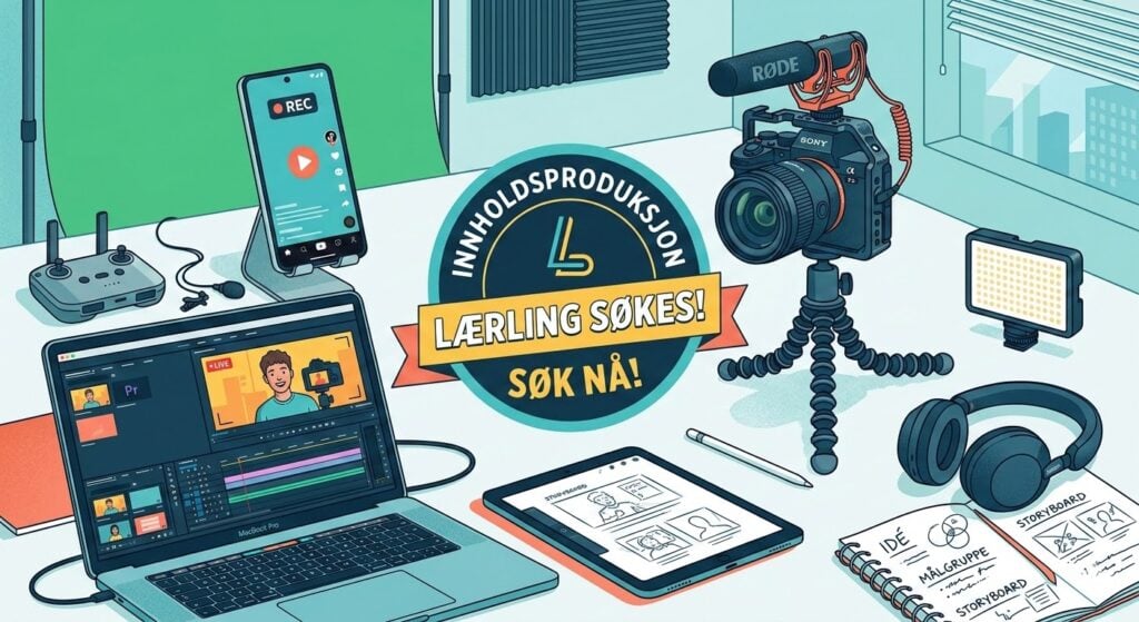 Illustrasjon som viser en PC, et kamera, en mobiltelefon og en notatblokk med tekst i