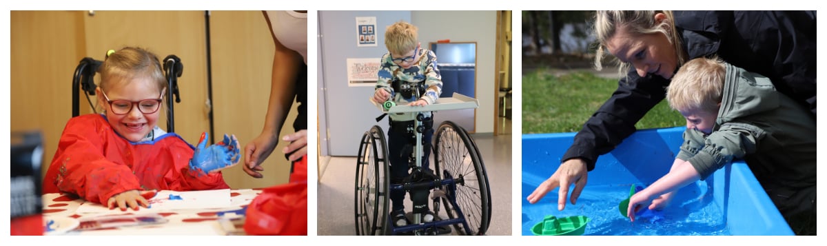 Tre ulike bilder av barn med Angelmans syndrom i ulike akvititeter