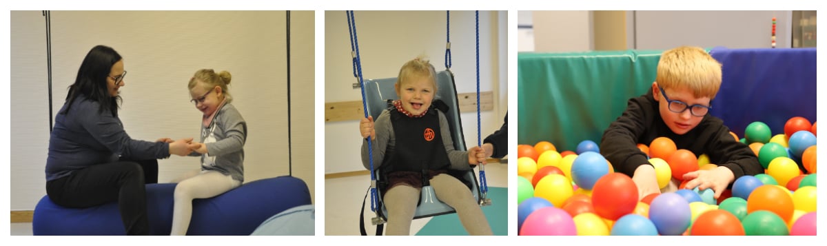 Tre bilder av to barn i ulike aktiviteter