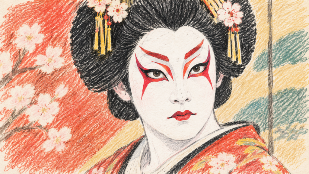 Tegning av en japansk mannlig skuespiller med hvitmalt ansikt og rød sminke rundt øyene. Rød leppestift. Blomstret kimono